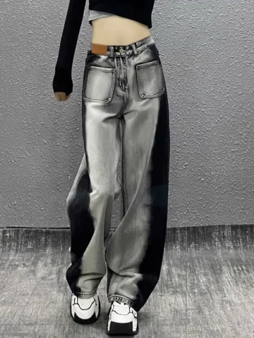 Women Fashion Dark Gothic Color Block High Waist Denim Straight Wide Leg Pants