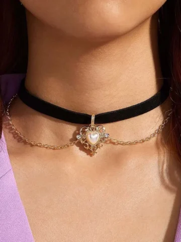 Women Boho Gothic Double-Layer Heart Pearl Pendant Choker Necklace