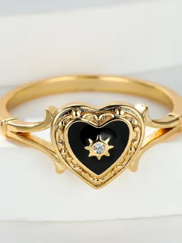 Fashion Gold Gothic Style Black Enamel Heart-Shaped Ring