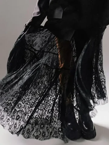 Fashion Spring Lace Hollow-Out High Waist Mesh Vintage See-Through Women Gothic Skirt