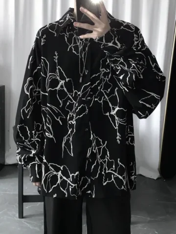 Men Fashion Gothic Style Color Block Pattern Long Sleeve Spring Autumn Casual Loose Shirt