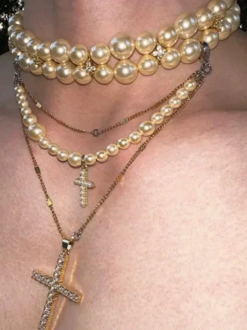 Fashion Vintage Gothic Women Exaggerated Pearl Beaded Rhinestone Cross Pendant Necklace