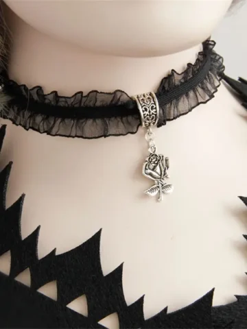 Women Gothic Metal Rose Pendant Lace Choker Necklace