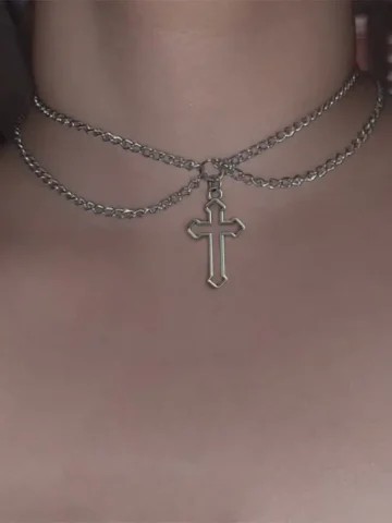 Women Gothic Cross Pendant Double Layer Alloy Chocker Necklace