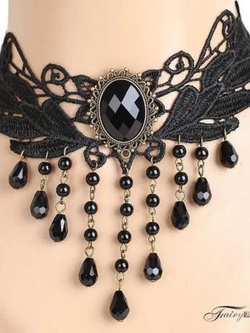 Gothic Gemstone Decorative Tassel Design Lace Choker Necklace