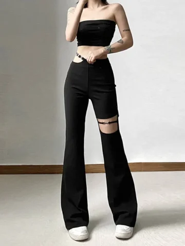 Women Flow Ripped Hole Hollow Micro-Blaze Gothic Casual Pants