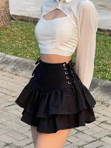 S-L Women Gothic Solid Color Crease Skirt