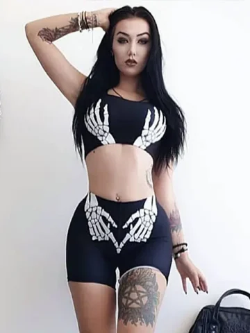 Gothic Style Skull Print Sleeveless Crop Top Tight Shorts Sporty Set