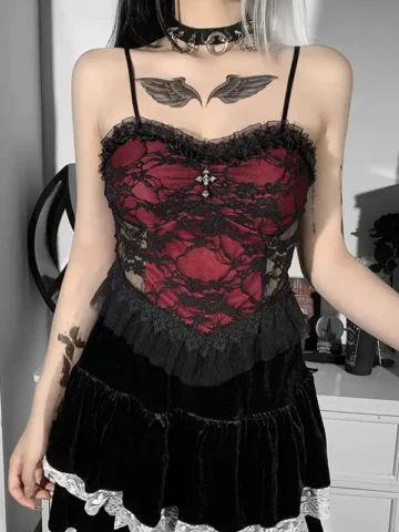Velvet Black Lace Goth Crop Tops Women Backless Sexy Strap Tanks Gothic Tops