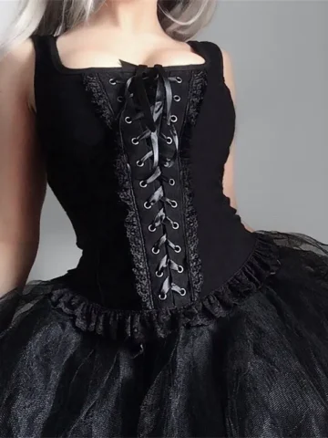 S-L Women Gothic Square Neck Lace-up Tank Top