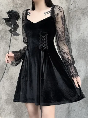S-L Women Gothic Patchwork Lace-Up Long Sleeve Dress
