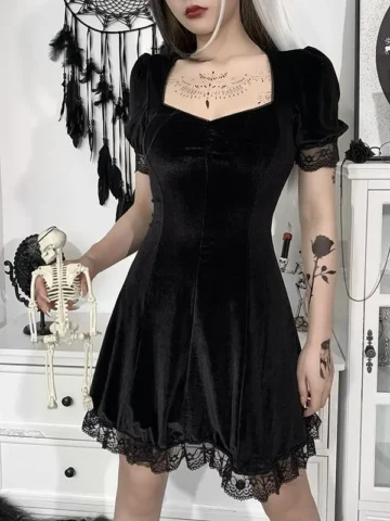 S-L Women Gothic Solid Color Puff Sleeve Dress