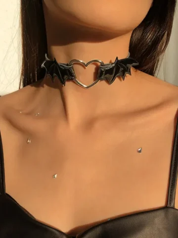 Women Gothic Heart Clasp Bat Wing Design PU Choker Necklace