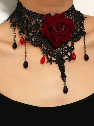 Women Fashion Dark Gothic Rose Lace Neck Chain