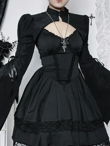 Women Fashion Dark Gothic Slim-Fit Strap Flare Sleeve Shawl Top