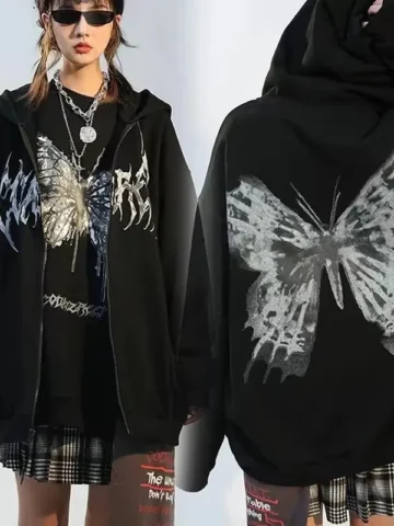 Women Fashion Diablo Gothic Butterfly Print Zip Hoodie