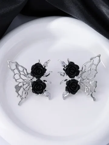 Women Retro Diablo Gothic Black Hollow-Out Butterfly Rose Earrings