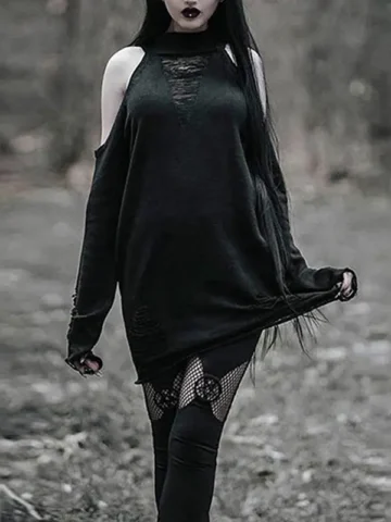 Women Fashion Gothic Round Neck Long Sleeve Ramen Shoulder Sweater