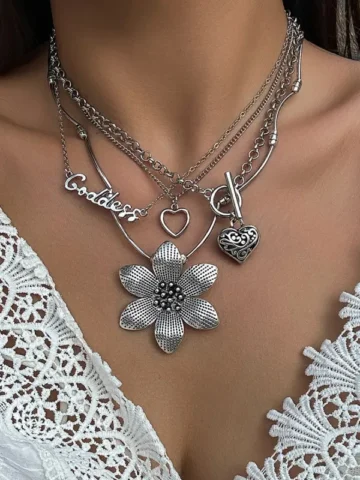 y2k Women Fashion Exaggerated Punk Gothic Alphabet Floral Heart-Shaped Multi-Layer Necklace