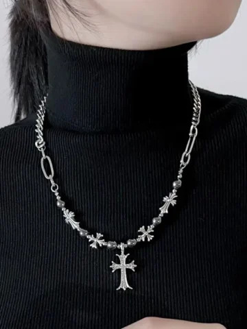Women Vintage Y2K Gothic Beaded Cross Pendant Necklace