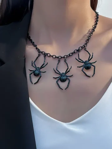 Women Fashion Diablo Gothic Black Glitter Spider Necklace Earrings