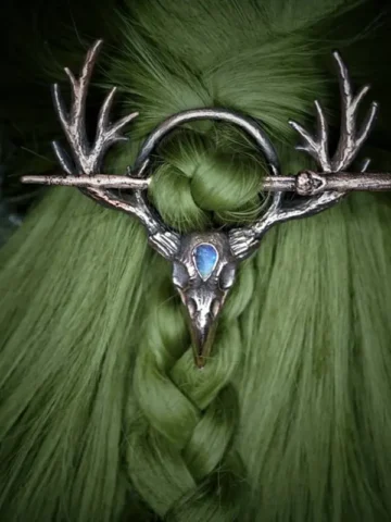 Women Gothic Retro Crow Skull Moonstone Antler Hairpin