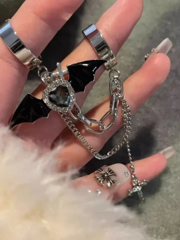 Women Vintage Y2K Gothic Cross Bat Rhinestone Ring