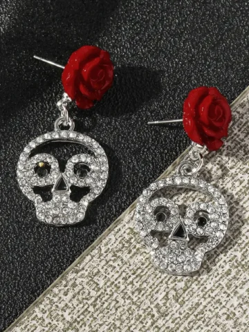 Women Vintage Diablo Gothic Red Rose Diamond Skull Earrings