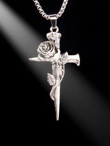Women Fashion Gothic Rose Cross Stainless Steel Necklace
