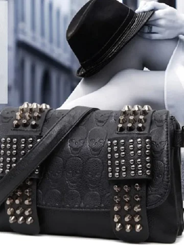 Women Fashion Vintage Gothic Stud Flap PU Square Shoulder Bag