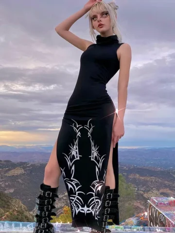 Women Fashion Dark Gothic High Collar Split Sheath Dress