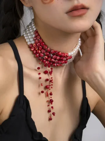 Women Fashion Exaggerated Gothic Halloween Blood Drops Tassel Pearl Necklace
