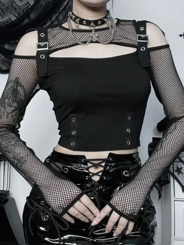 Women Fashion Edgy Gothic Open Shoulder Mesh Long Sleeve Crop Tops