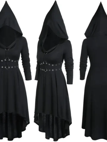 Women Fashion Diablo Gothic Pointed Hat Corns Cross Strap Long Sleeve Dress