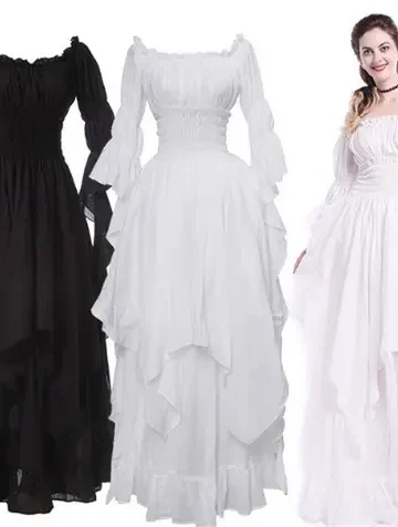 Women Fashion Retro Gothic Off Shoulder Ball Lace Horn Sleeve Princess Dress