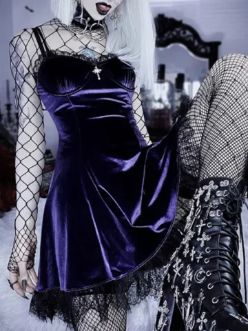 Gothic Style Sexy Lace Stitching Low-Cut Sling Dress