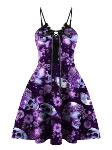 Women Fashion Gothic Casual Halloween Skull Printed Spaghetti Strap Lace-Up Dress