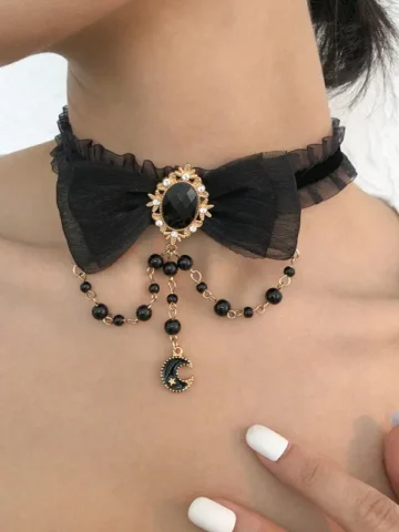 Women Fashion Vintage Gothic Bow Imitation Pearls Tassel Lace Choker