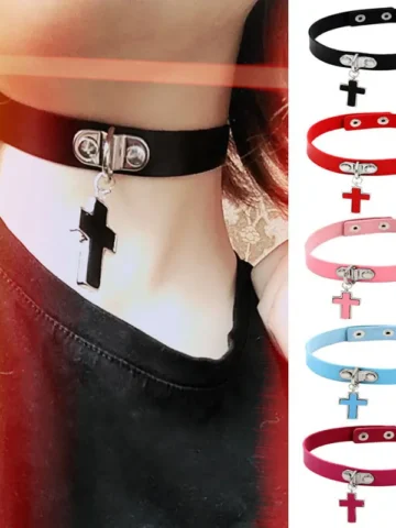 Women Fashion Gothic Simple Cross Pendant Pu Leather Choker