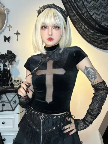 Women Fashion Black Gothic Cross Mesh Patchwork Cap Sleeve Top T-shirts