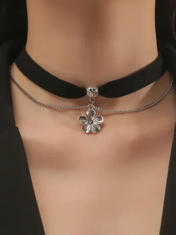 Women Fashion Punk Dark Gothic Flower Turquoise Tassel Black Leather Chocker