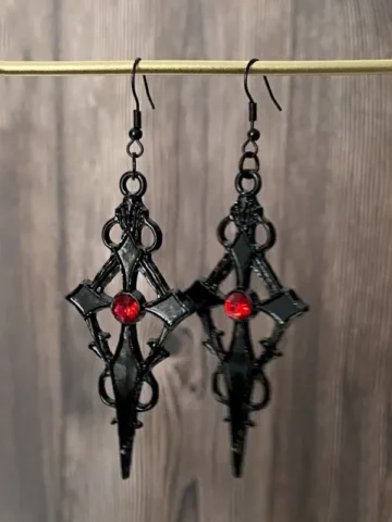 Halloween Women Fashion Vintage Gothic Red Rhinestones Hollow Cross Dangle Earrings