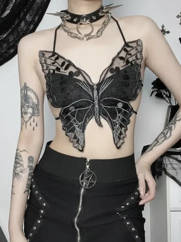 Women Fashion Gothic Butterfly Mesh Spaghetti Strap Halter Neck Backless Bandage Crop Top