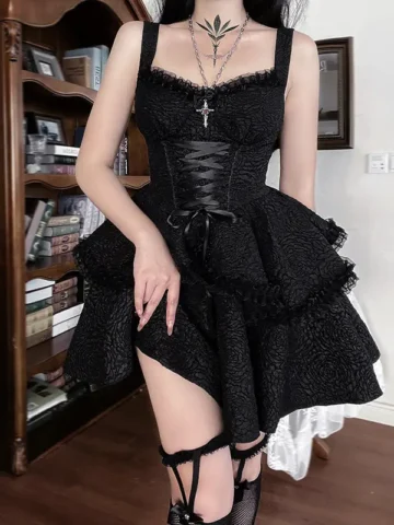 Women Vintage Fashion Gothic Black Layered Dress