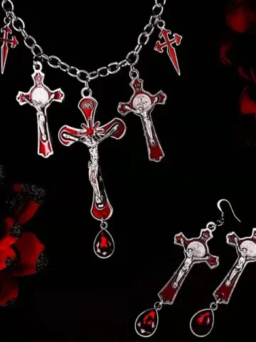 Halloween Women Dark Gothic Exaggerated Bat Drop Earrings Cross Pendant Necklace Jeswelry Set