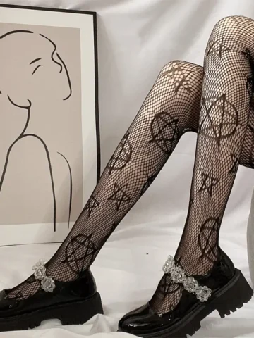 Women Gothic Chic Pentagram Pattern Hollow Out Fishnet Stockings
