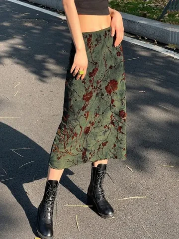 Women'S Fashion Gothic Retro Ink Rose Floral Printing High Waist Skirt
