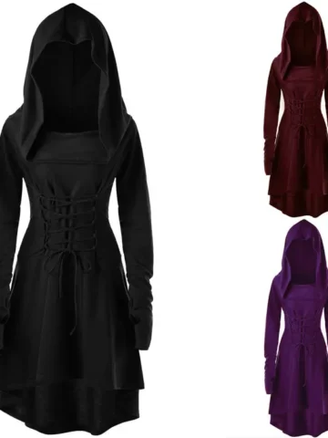 Women Punk Gothic Solid Color Festival Party Costume Long Sleeve Hooded Dress