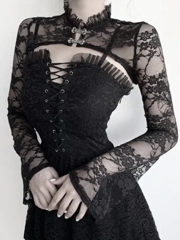 Fashion Vintage Gothic Flare Long Sleeve Hollow Lace Women Crop Top