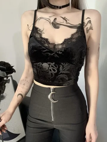 Women Gothic Style Black Lace Splicing Personality Sexy Suspender Top